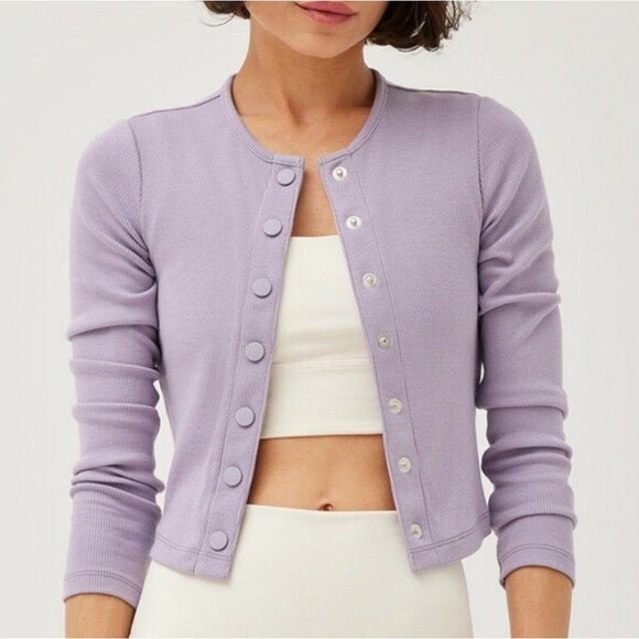 Outdoor Voices CozyRib Cropped Cardigan Sz S Earl Gray Purple NWT - Picture 2 of 10